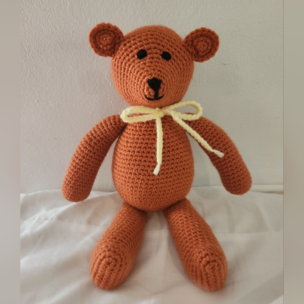 Handmade Crochet Teddy Bear Orange With Yellow Bow